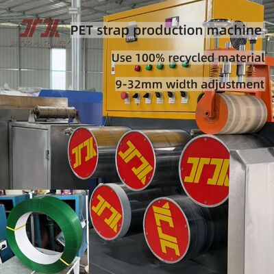 PET şerit üretim hattı 9-32mm PLC kontrolü geri dönüştürülmüş şişe kabuğu ekstrüzyonu